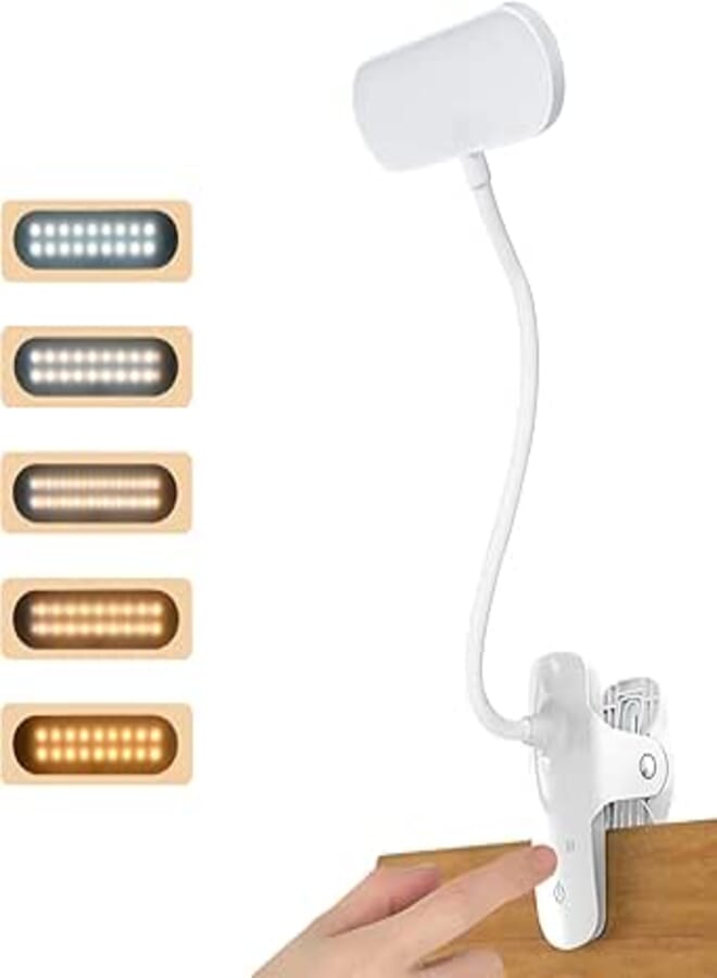 Reading Lamp With Book Clamp - 36 LED Clip Light, 5 Brightness Levels, 5 Color Temperatures, USB Rechargeable Dimmable Light for Music Stand, Bed, Night Reading, Travel, Bedroom